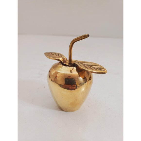 Small Vintage Brass Apple with Stem and Leaf - Picture 4 of 10